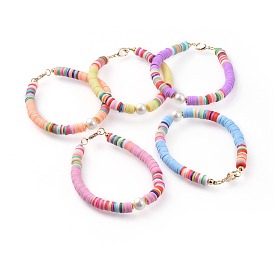 Handmade Polymer Clay Beads Bracelets, with Dyed Glass Pearl Round Beads and Brass Findings