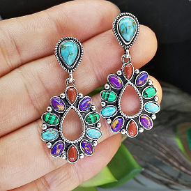 Inlaid turquoise mixed color gemstone earrings retro exaggerated feng shui drop-shaped earrings