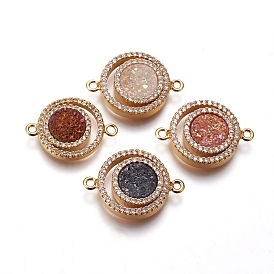 Brass Micro Pave Cubic Zirconia Links Connectors, with Natural Druzy Quartz, Flat Round, Golden