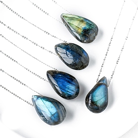 Natural Labradorite Teardrop Pendant Necklaces, Metal Cable Chain Necklaces for Women