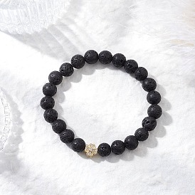 Круглые бусины из натуральной лавы, эластичные браслеты, Браслеты из латунных бусин с микропаве из кубического циркония для женщин