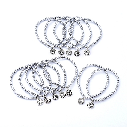 12 Constellation/Zodiac Sign Stretch Charm Bracelets Sets, with Tibetan Style Alloy Charms and Non-magnetic Synthetic Hematite Beads, Flat Round