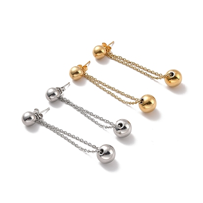 Long Chain with Round 201 Stainless Steel Dangle Stud Earrings, 304 Stainless Steel Drop Earrings for Women