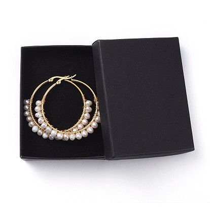 Hoop Earrings, with Natural Cultured Freshwater Pearl, Copper Wire, 304 Stainless Steel Hoop Earrings and Cardboard Packing Box