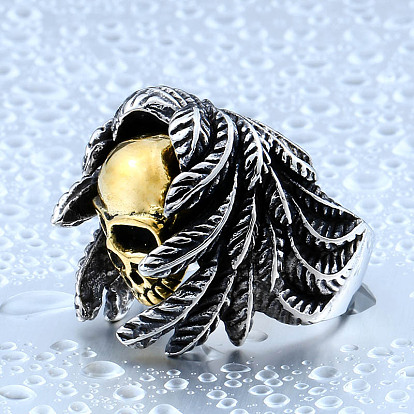 Two Tone Stainless Steel Feather with Skull Finger Ring, Halloween Chunky Ring for Women