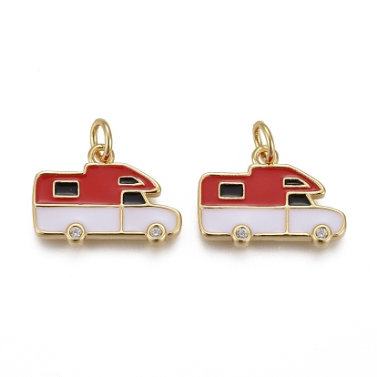 Brass Micro Pave Clear Cubic Zirconia Pendants, with Enamel and Jump Rings, Long-Lasting Plated, Camping Van/Caravan Shape