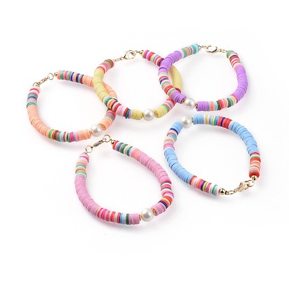 Handmade Polymer Clay Beads Bracelets, with Dyed Glass Pearl Round Beads and Brass Findings