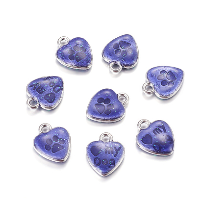 Alloy Enamel Charms, Cadmium Free & Lead Free, Heart with Foot Print and Word, Platinum Metal Color, 15x12x3mm, Hole: 2mm