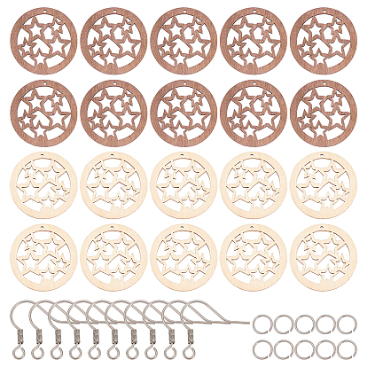 Kits de fabrication de boucles d'oreilles pendantes en bois de bricolage, plat rond avec pendentifs en bois étoiles, 304 anneaux de saut en acier inoxydable et crochets pour boucles d'oreilles