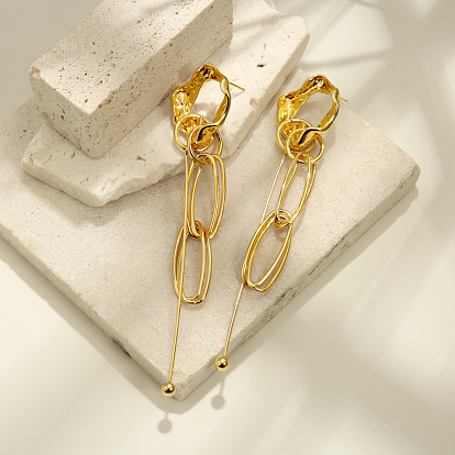 Irregular Hammered Brass Oval Link Chain Long Stud Dangle Earrings for Women, Nuggets