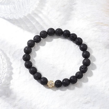 Круглые бусины из натуральной лавы, эластичные браслеты, Браслеты из латунных бусин с микропаве из кубического циркония для женщин