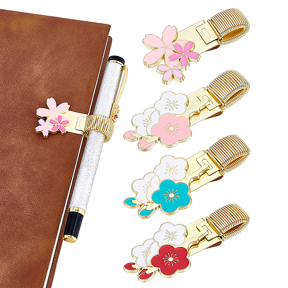 4Pcs 4 Styles Alloy Enamel Pen Clips with Iron Clip, Flower, Golden