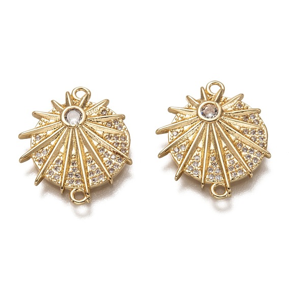 Brass Micro Pave Clear Cubic Zirconia Links Connectors, Long-Lasting Plated, Flat Round with Star