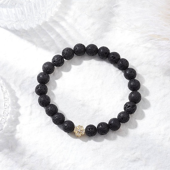 Круглые бусины из натуральной лавы, эластичные браслеты, Браслеты из латунных бусин с микропаве из кубического циркония для женщин