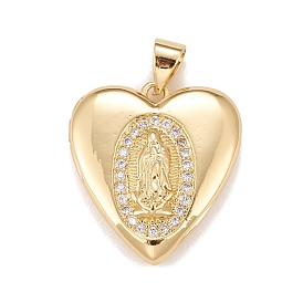 Brass Micro Pave Cubic Zirconia Locket Pendants, Photo Frame Charms for Necklaces, Real 18K Gold Plated, Lead Free & Cadmium Free, Heart with Saint