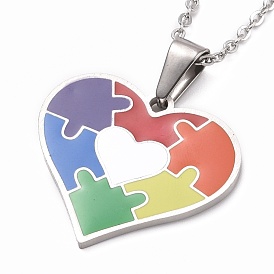 Pride Style 201 Stainless Steel Pendant Necklaces, with Enamel and Iron Cable Chains, Heart with Puzzle