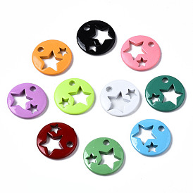 Spray Painted Brass Charms, Flat Round with Star