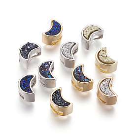Brass Slide Charms, with Druzy Resin Cabochons, Moon
