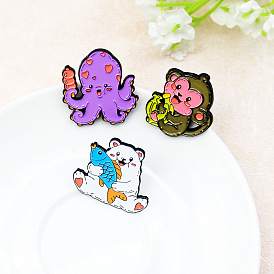 Adorable Animal Enamel Pins - Monkey with Banana, Cat with Fish and Octopus with Candy Apple