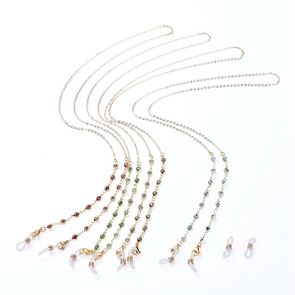 Chaînes de lunettes en laiton, tour de cou pour lunettes, avec des liens au lampwork en laiton mauvais œil, 304 fermoirs à pince de homard en acier inoxydable et extrémités en caoutchouc, or