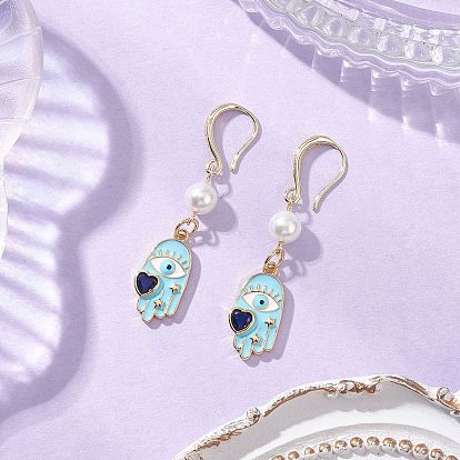 Серьги-подвески с эмалью из латуни и хамсы, с бусиной из ракушечного жемчуга и латунным крючком для сережек