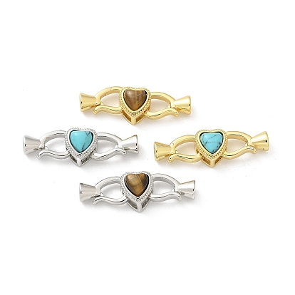 Латунь сердце раз за застежками, с тигровым глазом/синтетической бирюзой