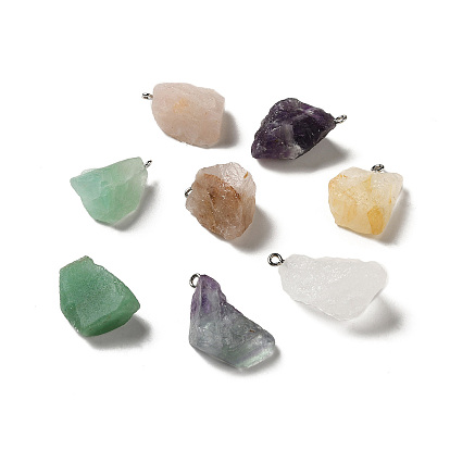 Raw Rough Natural Gemstone Pendants, Nuggets Charms, with Platinum Plated Iron Loops