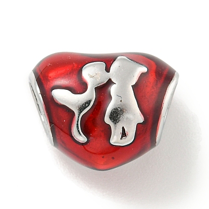 304 Stainless Steel Enamel European Beads, Large Hole Beads, Heart with Couple