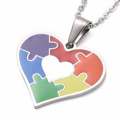 Pride Style 201 Stainless Steel Pendant Necklaces, with Enamel and Iron Cable Chains, Heart with Puzzle