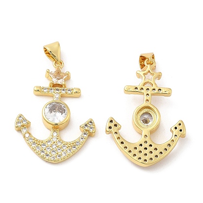 Brass Micro Pave Cubic Zirconia Pendants, Lead Free & Cadmium Free, Star with Anchor Charms