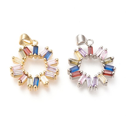 Brass Micro Pave Clear Cubic Zirconia Pendants, Long-Lasting Plated, Ring, Colorful