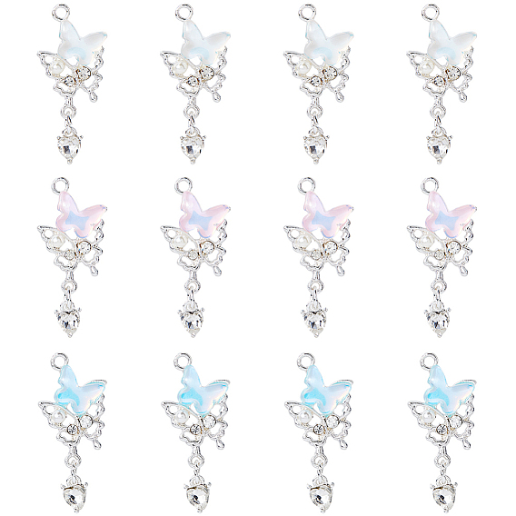 12 шт. 3 цвета серебряные подвески из сплава, стеклянные подвески-бабочки