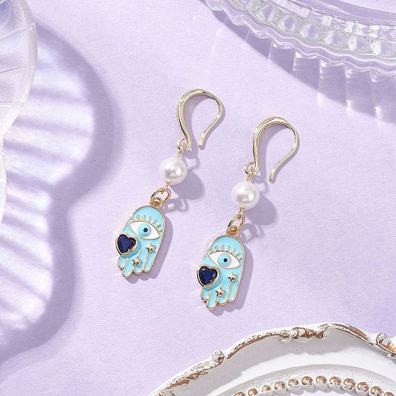 Серьги-подвески с эмалью из латуни и хамсы, с бусиной из ракушечного жемчуга и латунным крючком для сережек