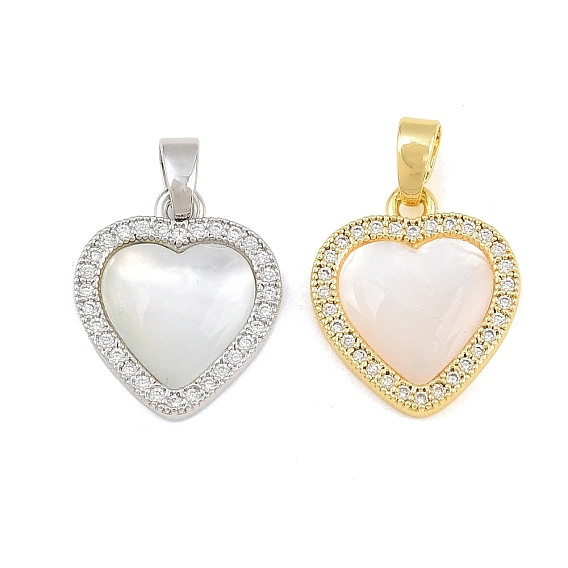 Brass Micro Pave Clear Cubic Zirconia Pendants, with Shell, Heart Charms