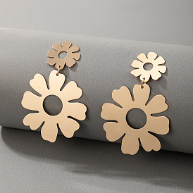 Bold Floral Statement Earrings in Shiny Metal for Women - Long Cool-Toned Dangles