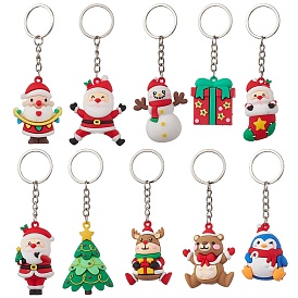 10Pcs 10 Styles Christmas Theme PVC Plastic Pendant Keychains, with Iron Keychain Clasp Findings