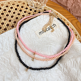 Collier de perles de riz colorées de style bohème, avec chaîne de clavicule à double couche, coquille arc-en-ciel créative