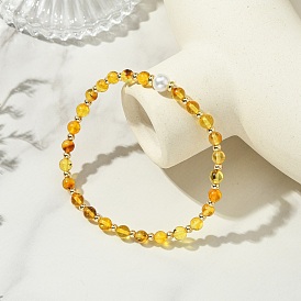 5MM Natural Amber and Shell Pearl Round Beaded Stretch Bracelets, Golden