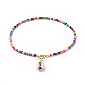 Cowrie Shell Pendant Necklaces, with Dyed Synthetic Turquoise Beads and Brass Spring Ring Clasps, Packing Box