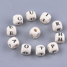 Perles en bois d'érable naturel, trou horizontal, non teint, cube avec la lettre