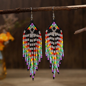 Bohemian Rainbow Tassel Dangle Earrings, Handmade Ethnic Style Beaded Ear Accessories