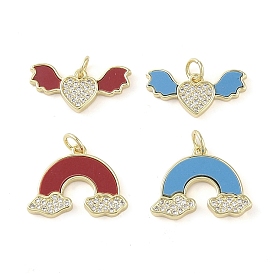 Dyed Synthetic Turquoise Pendants, Brass Micro Pave Clear Cubic Zirconia Rainbow/Heart with Wings Charms, Real 18K Gold Plated