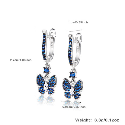 Butterfly Rhodium Plated 925 Sterling Silver Micro Pave Cubic Zirconia Dangle Hoop Earrings, with S925 Stamp
