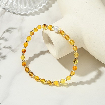 5MM Natural Amber and Shell Pearl Round Beaded Stretch Bracelets, Golden