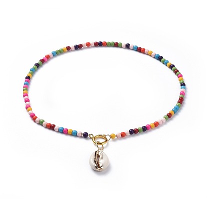 Cowrie Shell Pendant Necklaces, with Dyed Synthetic Turquoise Beads and Brass Spring Ring Clasps, Packing Box