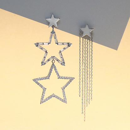 925 Sterling Silver Star Dangle Stud Earrings, with Clear Cubic Zirconia