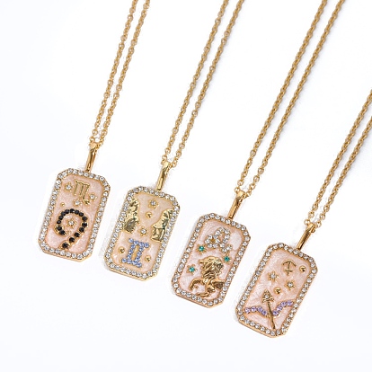 Brass Micro Pave Cubic Zirconia Rectangle with Constellation Pendant Necklaces, with Enamel, Cable Chain Necklace for Women