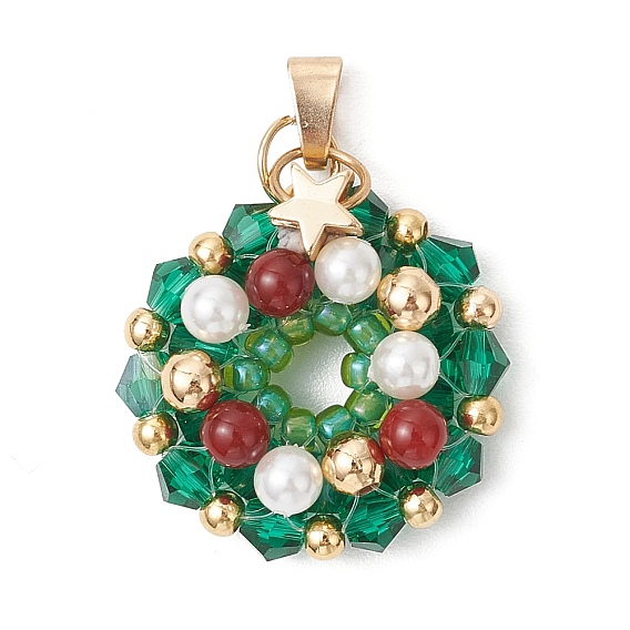 Стеклянные подвески, Рождественский венок, с латунью, ракушечным жемчугом, натуральными круглыми бусинами из сердолика и 304 петлей из нержавеющей стали, граненые