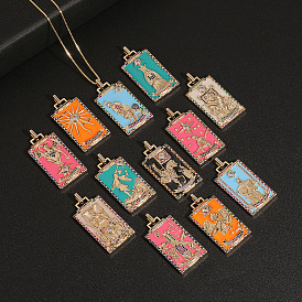 Tarot Pendant Necklace with Hip-hop Oil Painting and Cool Box Chain for Fashionable Look