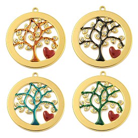Ion Plating(IP) 304 Stainless Steel Rhinestone Pendants, with Enamel, Real 18K Gold Plated, Flat Round with Tree Charm
